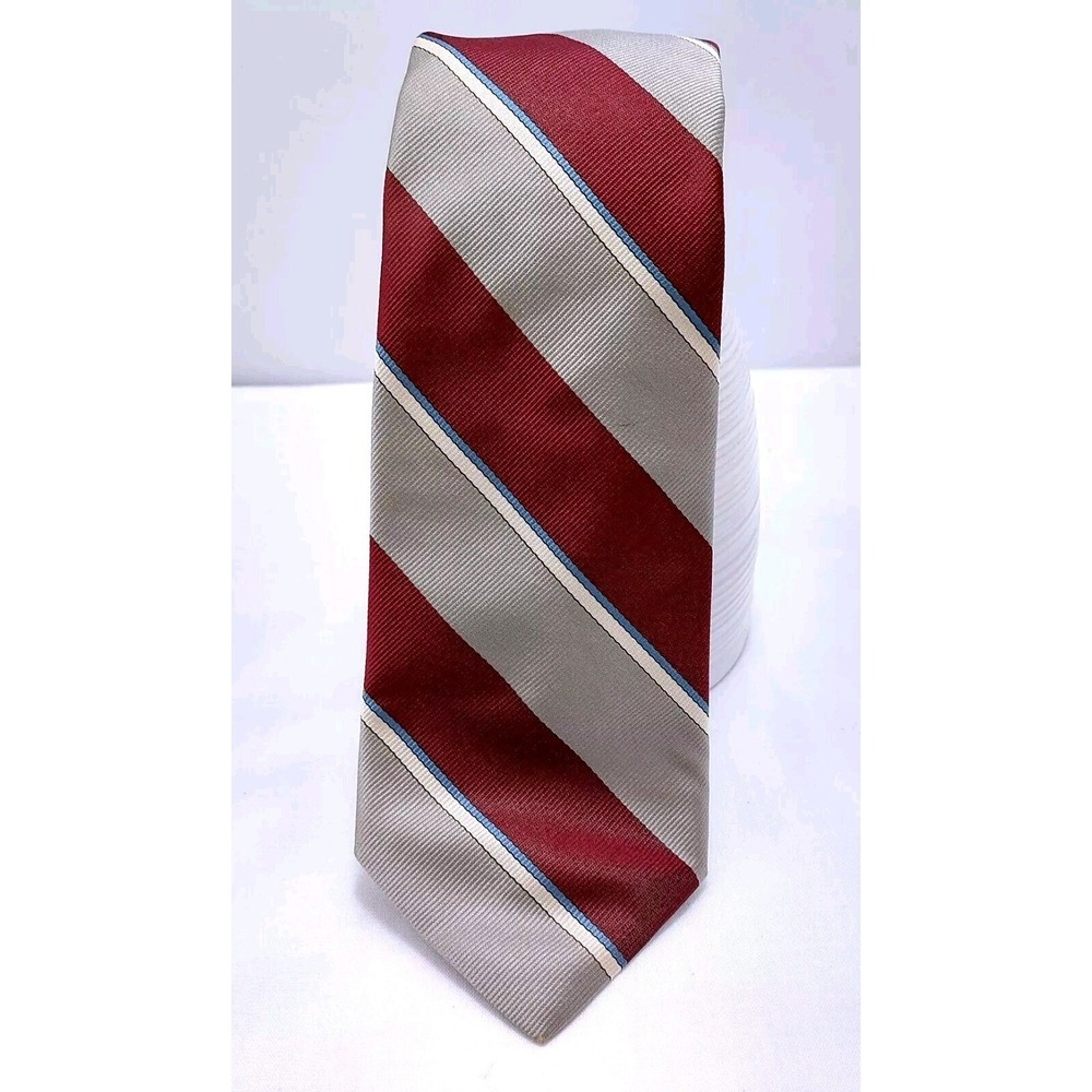 Meeting Street Mens Repp Tie Burgandy/Silver Stripe 100% Silk Necktie 56"x3" USA